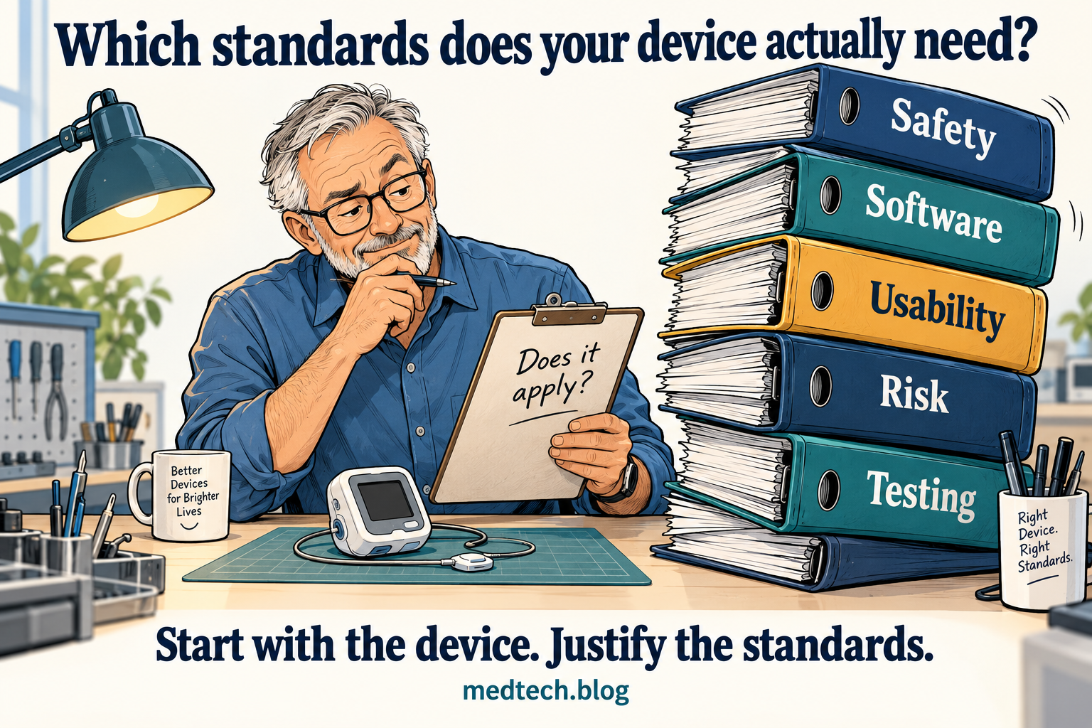 An engineer studies a medical device beside a large stack of standards, illustrating the need for product-specific standards selection.