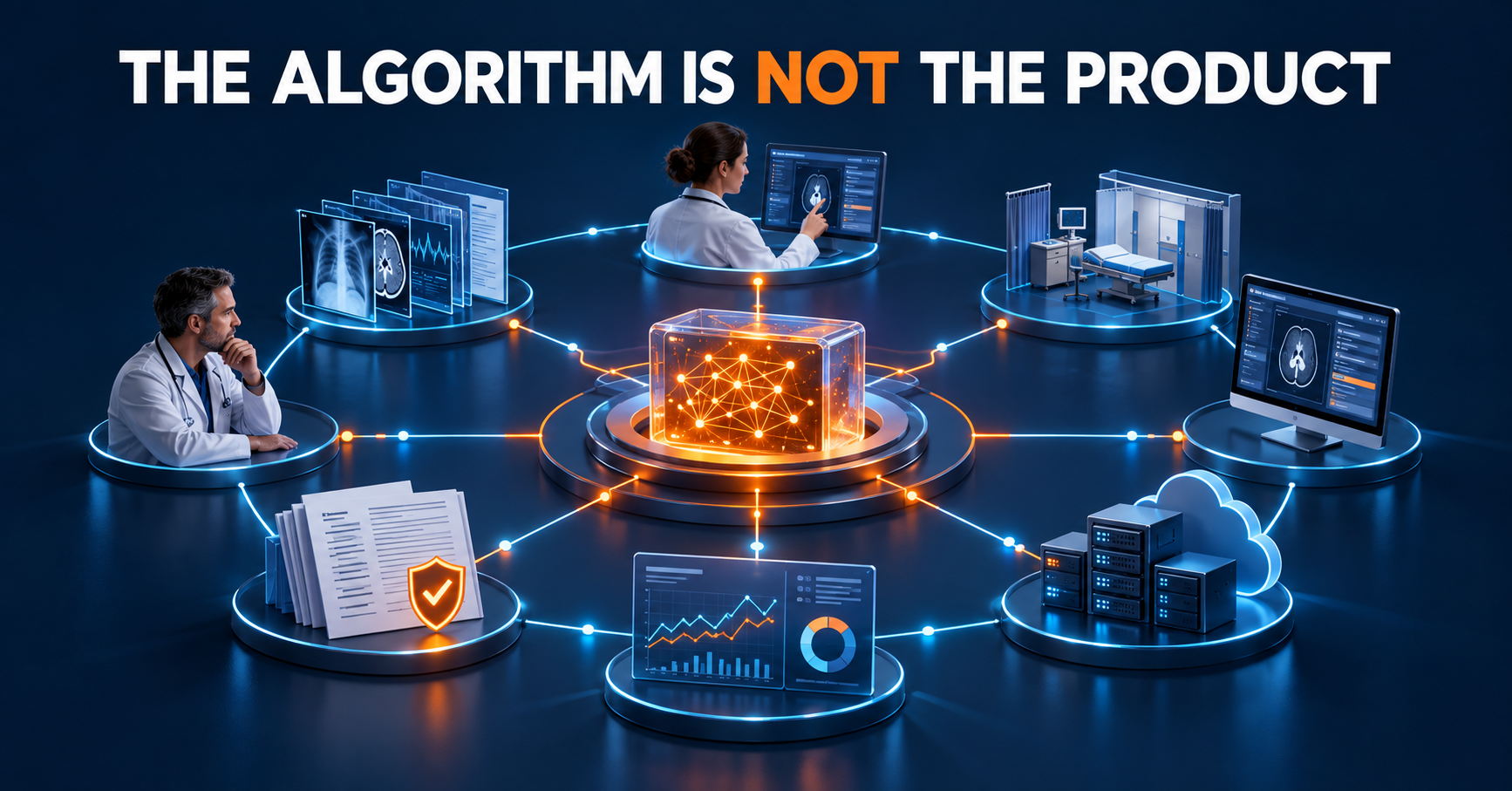 A medical software algorithm connected to clinical data, users, workflow, deployment, evidence and monitoring